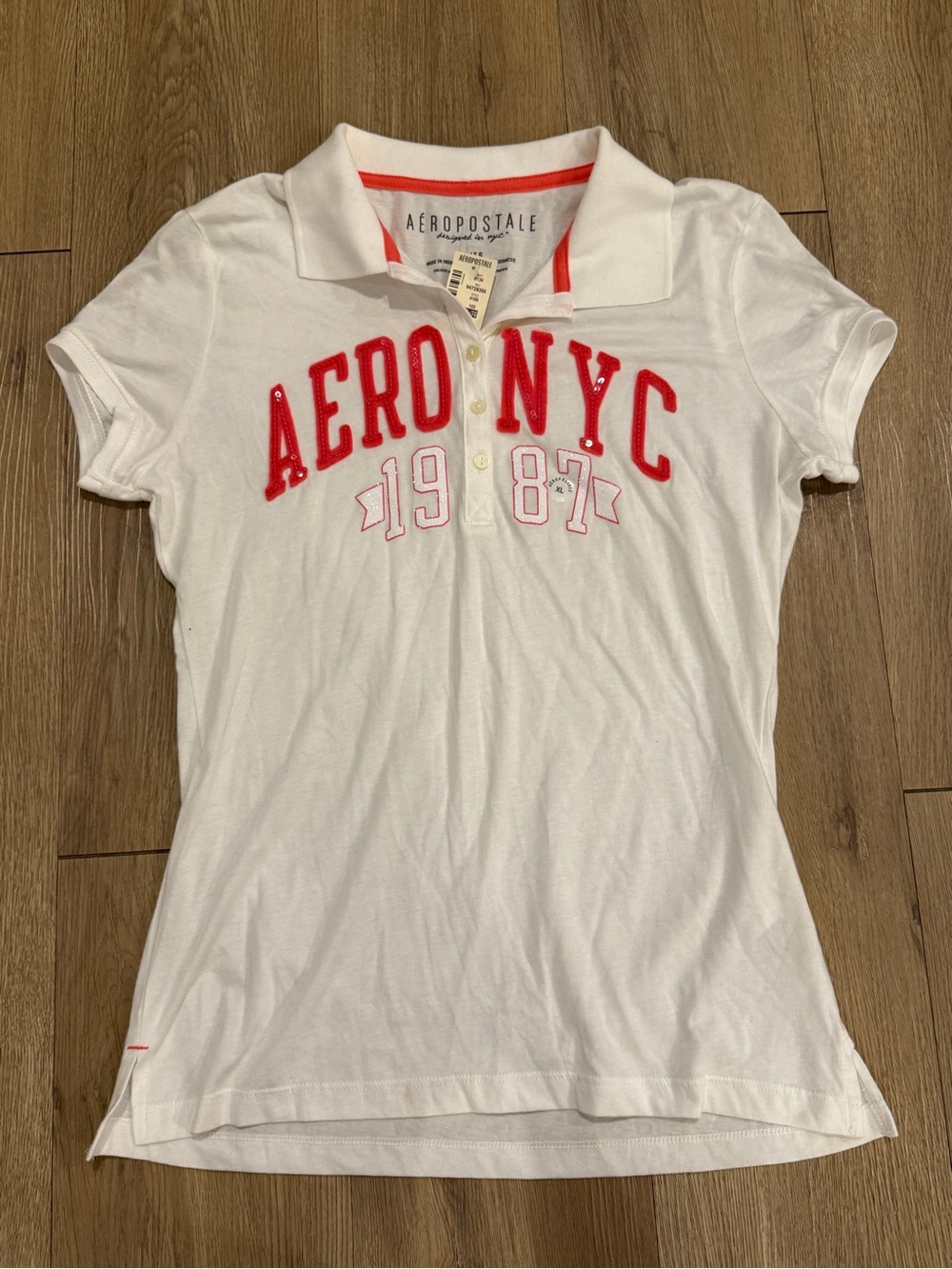 Aéropostale Womens XL White/Coral Logo PoloShirt Short Sleeve Cotton Glitter NWT